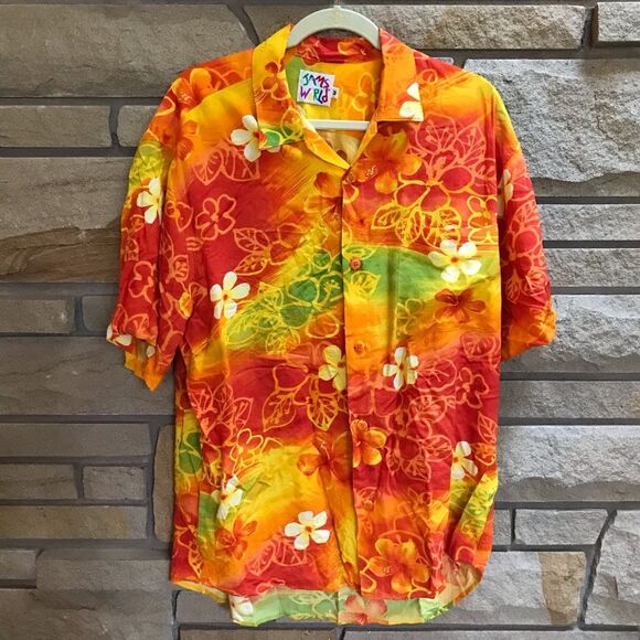 Vintage Jam’s World Fire Flower Hawaiian Button Up Shirt Medium Yellow Orange